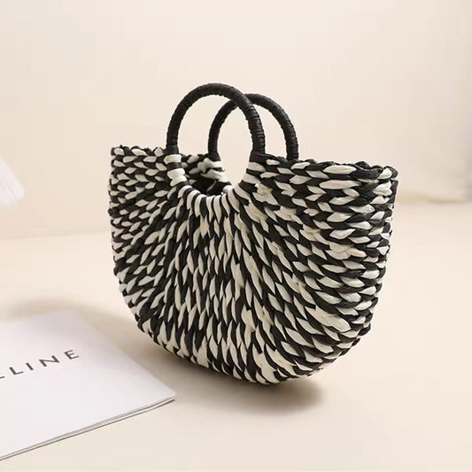 Women Straw Tote Handbag Large Capacity Half-Round Handbag Color Clash Semicircle Weaving Bag Summer Beach Handbag