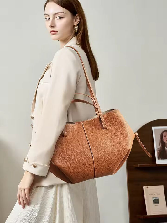 2025 leather shoulder bag versatile niche handbag, top layer cowhide commuting high-end feeling, large capacity tote bag for wom